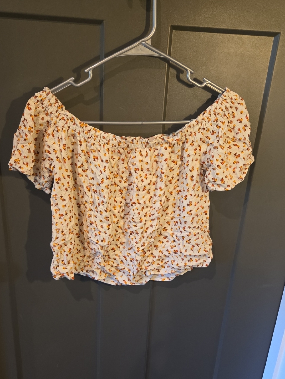 Rewind Cream Off-Shoulder Floral Crop Top with Rust Accents